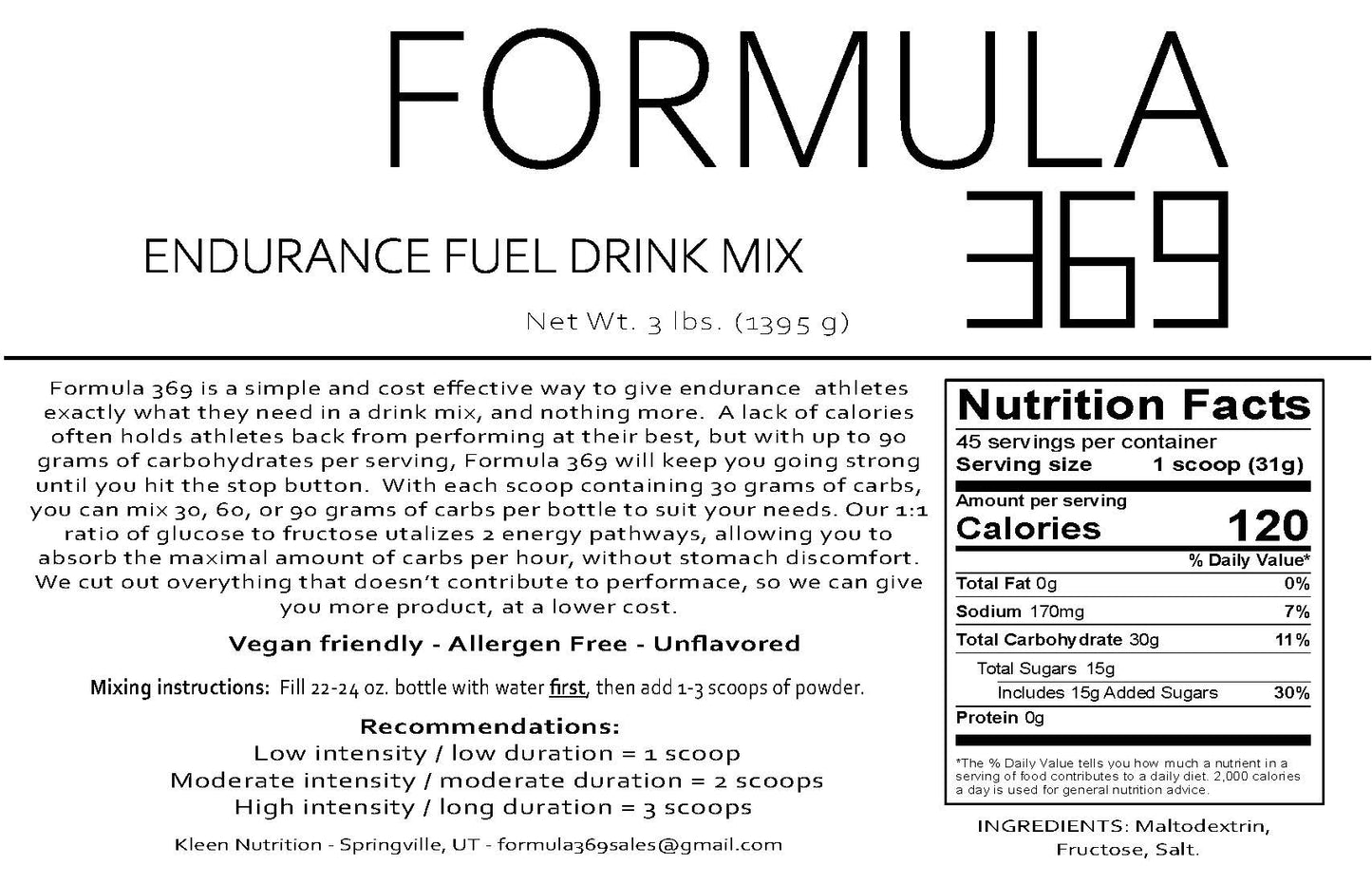 Formula 369 Endurance Fuel Drink Mix 3lb Bag 45 Scoops for Cycling/Endurance Sports